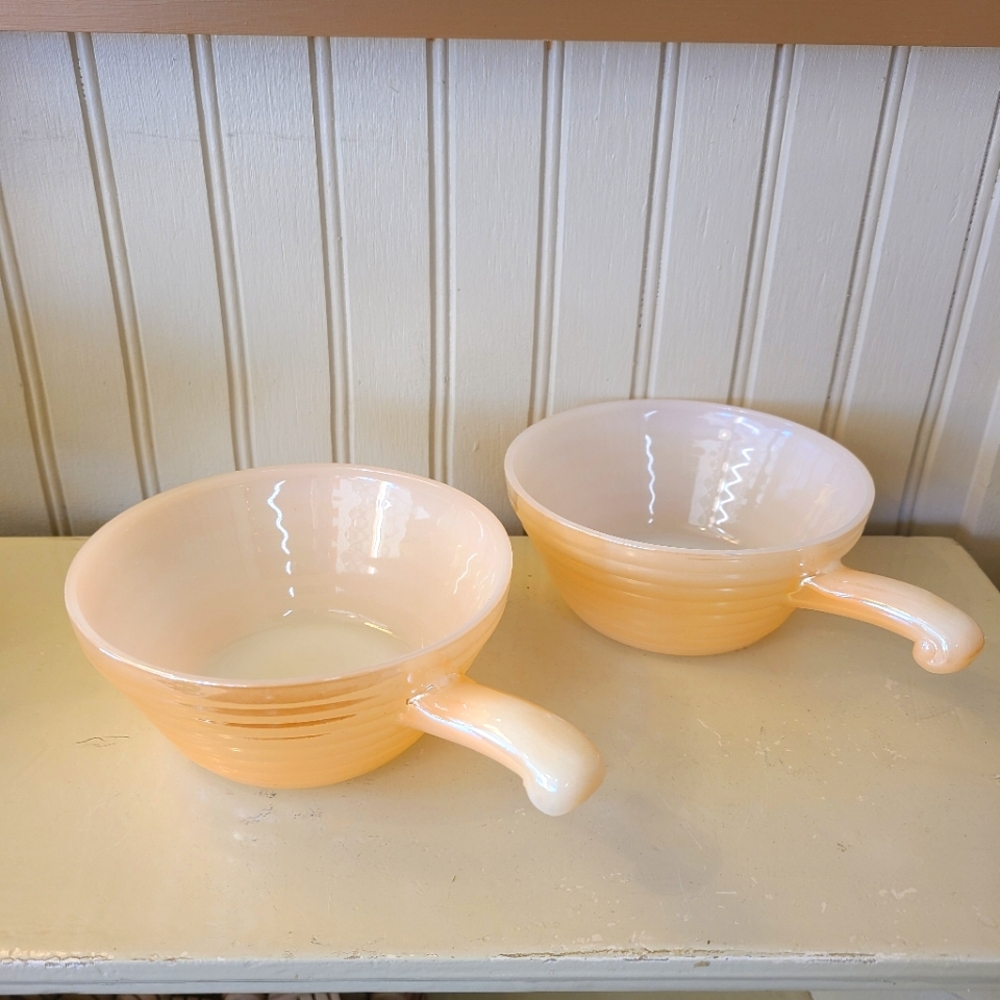 Vintage Pair Of Fire King Oven Ware Peach Luster Beehive Handled Soup Bowl